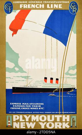 Affiche de voyage vintage - French Line Cruise Ship - Plymouth–New York - vapeur, années 1930 Banque D'Images