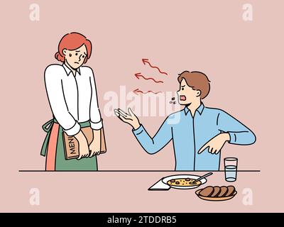 Le visiteur du restaurant homme crie à la serveuse femme parce que la nourriture n'est pas savoureuse ou une erreur commise par le personnel du café. La mauvaise qualité et le service lent au restaurant ont causé des conflits entre les clients et le personnel Illustration de Vecteur