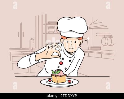 Femme chef pâtissier prépare le gâteau de dessert avec des baies fraîches debout dans la cuisine du restaurant ou de la boulangerie. Fille décore cheesecake avec cerise avant de servir le dessert au client de la cafétéria. Illustration de Vecteur