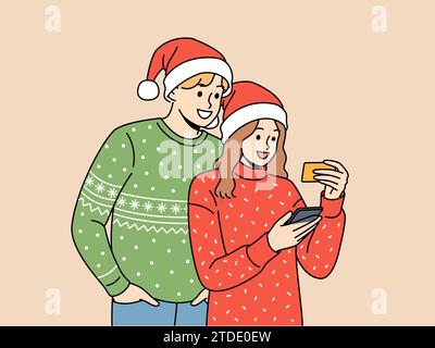 Couple dans les vêtements de noël fait des achats sur l'application mobile de téléphone et utilise la carte de crédit pour payer des marchandises en ligne. Homme et femme de Noël tenant la carte de visite de l'ami et le numéro de composition dans le smartphone Illustration de Vecteur