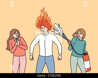 Homme agressif avec une flamme sur la tête se tient près de collègues effrayés avec un extincteur. Un Manager agressif a besoin d'une formation à la maîtrise de soi, pour le concept de comportement inapproprié du patron Illustration de Vecteur