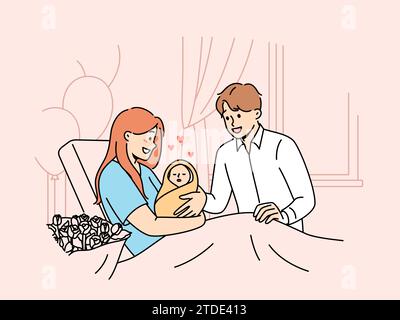 Mère avec le bébé nouveau-né s'assoit sur le canapé à l'hôpital et montre le bébé au père heureux. Couple marié souriant sont devenus parents pour la première fois admirer le nouveau-né endormi dans une couverture Illustration de Vecteur