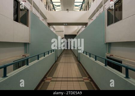 Un passage ouvert de l'appartement avec balustrades des deux côtés, avec un toit translucide qui permet à la lumière naturelle d'éclairer l'espace, créant un b Banque D'Images