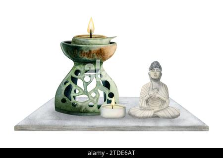 Lampe d'aromathérapie avec des bougies et figurine de Bouddha sur illustration d'aquarelle de table en béton gris. Bien-être, spa salon Banque D'Images