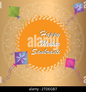 Plongez dans l'esprit de Makar Sankranti avec de l'art vectoriel vibrant! Il met en valeur un ciel orné de cerfs-volants colorés sur un fond circulaire orange Illustration de Vecteur