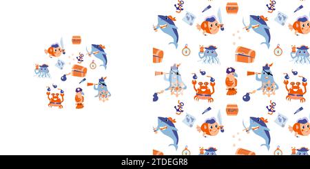 Imprimé vectoriel partie pirate et motif sans couture. Illustration vectorielle d'animaux marins mignons. Motif de fête de pirate pour fête d'anniversaire de garçon. Peut être utilisé pour textile, affiche, papier peint, fond de menu Illustration de Vecteur