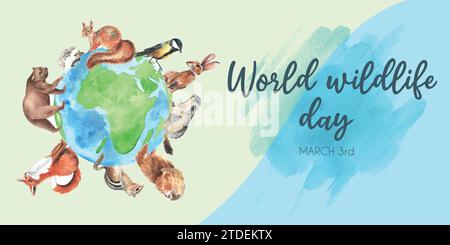 Animaux dans la forêt, environnement du monde de conception créative et concept de dessin et de peinture de jour de la terre. conception d'illustration vectorielle. Aquarelle dessinée à la main. Illustration de Vecteur