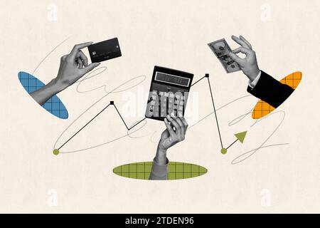 Collage créatif horizontal de trois personnes main tenir la calculatrice de carte de crédit concept de billet de banque de système de finance sur fond de dessin Banque D'Images