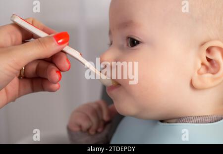 Mère nourrit la purée de légumes de bébé garçon à partir d'une cuillère. Nourrir les enfants 7 mois. Banque D'Images