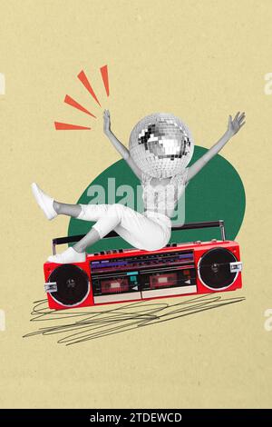 Collage vertical illustration d'image excitée caricature sans tête incognito humain heureux profiter rétro fête colorée doodle bannière Banque D'Images