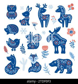 Illustration vectorielle de motif dans le style nordique hygge. Ensemble d'animaux dessinés à la main dans le style scandinave Illustration de Vecteur