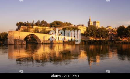 Bridge St. Benezet sur le Rhône avec cathédrale notre Dame des Doms et palais des Papes Banque D'Images