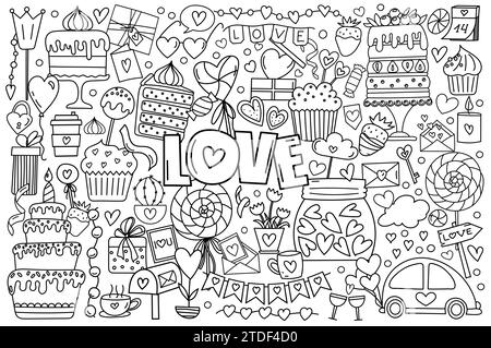 Ensemble de Doodle dessiné à la main dans Vector, avec Une page de coloriage anti-stress pour la Saint-Valentin avec des coeurs, des bonbons et des bonbons pour février 14, est Un livre de coloriage mignon Illustration de Vecteur