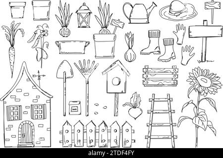 Doodle dessiné à la main dans Vector dispose D'Une page de coloriage anti-stress avec Un thème de jardin, y compris Une petite maison, clôture, outils de jardin, légumes et Un tournesol, ce qui en fait Un livre de coloriage mignon Illustration de Vecteur