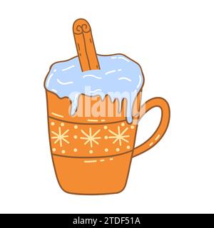 Tasse de Noël avec boisson, crème aérée blanche et bâton de cannelle. Café chaud ou chocolat chaud, saison d'hiver. Illustration isolée de vecteur Doodle han Illustration de Vecteur