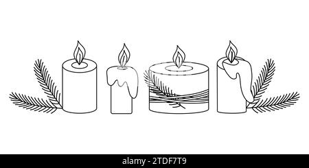 Ensemble de bougies allumées avec décoration d'arbre de Noël, cire fondante, illustration vectorielle plate de style doodle pour livre de coloriage pour enfants Illustration de Vecteur