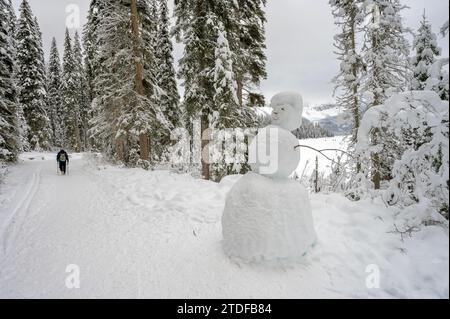 Bonhomme de neige et randonneurs sur la rive du lac Emerald dans le parc national Yoho, Colombie-Britannique, Canada Banque D'Images