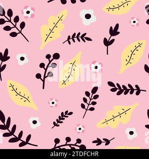 Motif sans couture d'éléments botaniques dans le style doodle. Doodle fleurs et feuilles sur fond rose. Illustration vectorielle Illustration de Vecteur