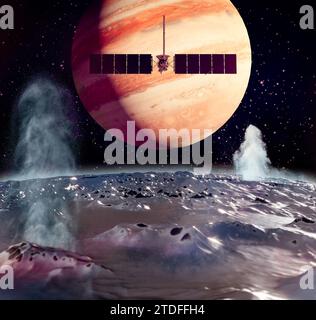 La sonde spatiale Clipper en survol de la surface d'Europe avec Jupiter s'élevant en arrière-plan. rendu 3d. Les éléments de cette image sont fournis par la NASA Banque D'Images