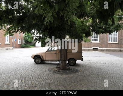 Vintage Citroën Dyane 400 Oldtimer sur une rue pavée garée derrière un grand arbre luxuriant Banque D'Images