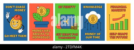 Affiches d'argent. Autocollants de pièce de dessin animé, personnages riches de finance, symboles comiques financiers. Économisez de l'argent et des infestations. Ensemble de bannières de motivation. Devise Illustration de Vecteur