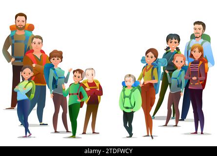 groupe de touristes, hommes, femmes et enfants en équipement et sacs à dos. Placer pour le texte. Objet isolé sur fond blanc. Dessin animé style amusant Illustration Illustration de Vecteur