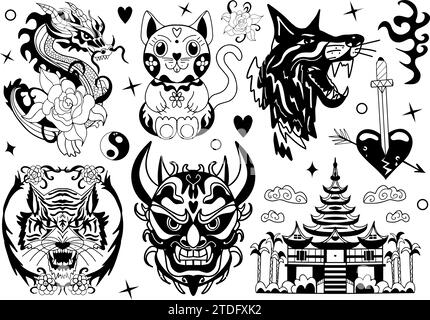 Set de tatouage japonais avec démon Hannya Mask, chat Maneki Neko, dragon chinois avec des fleurs. Ensemble d'art pour tatouages ou impression sur un T-shirt. Masque ONI Illustration de Vecteur