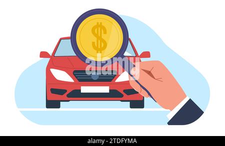 Concept de détermination du prix de la voiture, main avec loupe et signe du dollar. Client achetant une voiture. Service après-vente du concessionnaire. Style plat de dessin animé Illustration de Vecteur