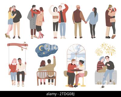 Couples en relation amoureuse. Saint-Valentin, heureux amoureux, jeunes femmes et hommes embrassant, embrassant et marchant, vêtements de saisons différentes Illustration de Vecteur
