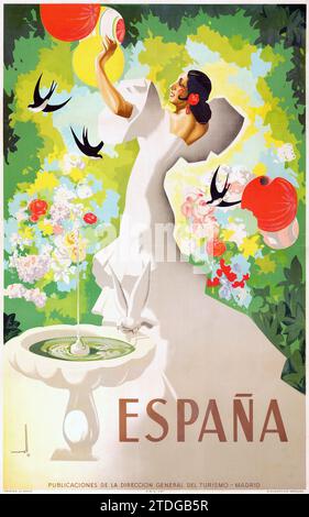 'Espana' (Département du tourisme espagnol, Madrid, 1941) avec une femme espagnole habillée en blanc - Jose Morell (1899-1949) Banque D'Images