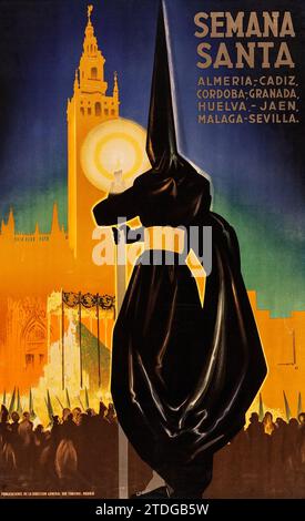 Semana Santa en Espagne (1941). Affiche de voyage - Almeria, Cadix, Cordoue, Granada, Huelva, Jaen, Malaga, Sevilla - General del turismo - Jose Morell artw Banque D'Images