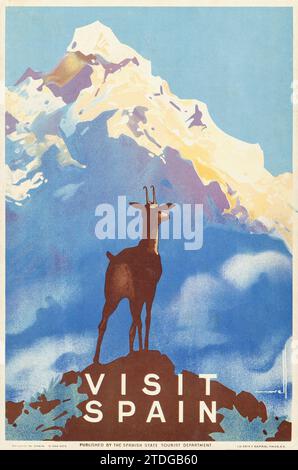 VISITER L'ESPAGNE - Espagne annonces touristiques (années 1930) Département du tourisme de l'État espagnol - Jose Morell art - chèvre au sommet de la montagne Banque D'Images