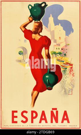 Affiche de voyage Vintage pour Espana - Espagne - Dame en rouge - oeuvre Jose Morell - années 1930 - Femme portant des pots. Banque D'Images