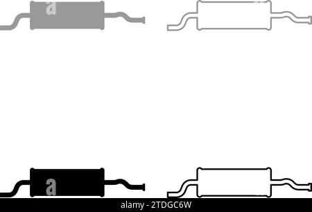 Tuyau d'échappement voiture silencieux set icône gris noir illustration vectorielle image simple remplissage solide contour ligne de contour fin plat Illustration de Vecteur