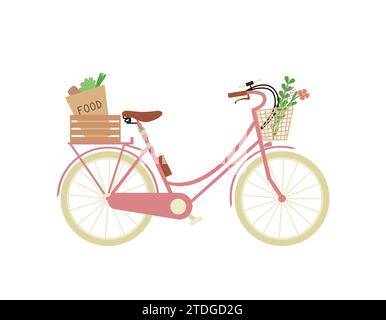 Vélo comme transport urbain écologique avec sac d'épicerie dans le panier, bouquet de fleurs, smartphone, bouteille d'eau. Illustration de dessin animé vectoriel Illustration de Vecteur