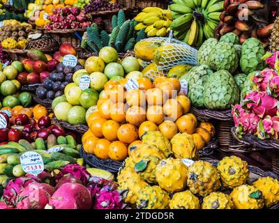 Fruits frais exposés sur un étal dans le Mercado do Lavradores à Funchal, Madère. Banque D'Images