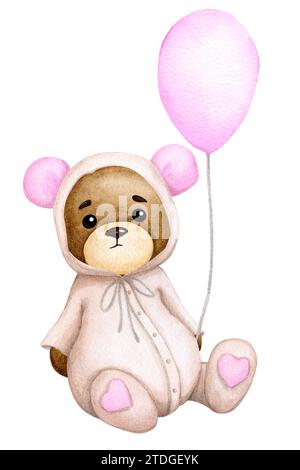 Mignon petit ours en pyjama avec un ballon. Illustration aquarelle pour enfants. Baby shower, anniversaire, fête des enfants. Élément de conception pour invitation Banque D'Images