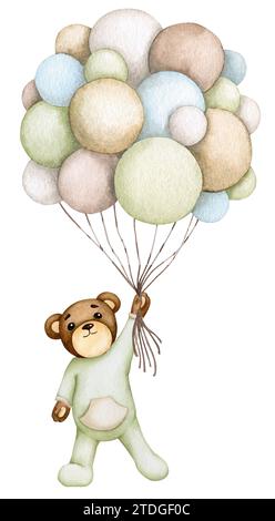 Bébé ours volant sur un tas de ballons d'hélium. Aquarelle dessinée à la main. Anniversaire, baby shower, fête des enfants. Conception pour invitations, cartes de vœux Banque D'Images