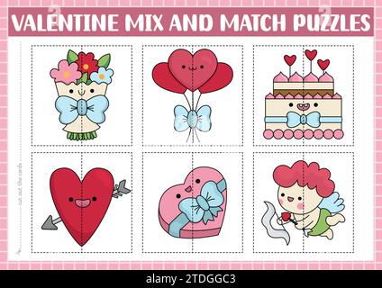 Vector Saint Valentine mélanger et assortir puzzle avec des personnages kawaii mignons. Activité de vacances amoureuse assortie pour les enfants d'âge préscolaire. Jeu éducatif avec cupi Illustration de Vecteur