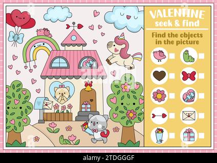 Vector Saint Valentine jeu de recherche avec des personnages de maison et Kawaii. Repérez les objets masqués sur la photo. Vacances d'amour simple chercher et trouver printabl Illustration de Vecteur