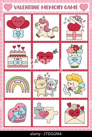 Vector Saint Valentine Kawaii cartes de jeu de mémoire avec des symboles traditionnels mignons. J'adore les activités de correspondance des fêtes. Rappelez-vous et trouvez la carte correcte. Simple Illustration de Vecteur