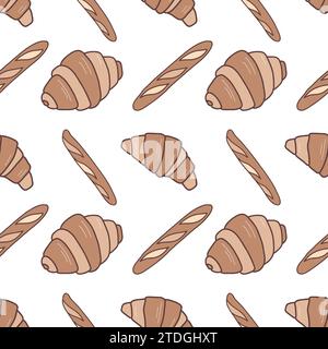 Motif sans couture de pain sur fond blanc. Croissants et baguettes illustration vectorielle plate. Illustration de Vecteur