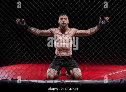 Image dramatique d'un combattant d'arts martiaux mixtes debout dans une cage octogonale. Le concept de sport, boxe, arts martiaux Banque D'Images