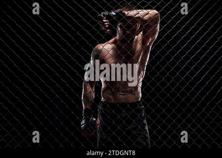 Image dramatique d'un combattant d'arts martiaux mixtes debout dans une cage octogonale. Le concept de sport, boxe, arts martiaux Banque D'Images