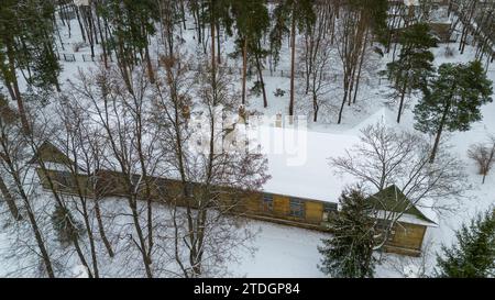 Photographie par drone de vieille maison en bois abandonnée dans une forêt pendant la journée d'hiver Banque D'Images