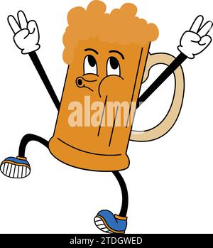 Vecteur verre de bière avec dessin animé Happy face Chef de dessin animé tenant une tasse. Boire dans une mascotte rétro Glass.Mascot, boisson, verre, autocollant, mignon, isolé, Illustration de Vecteur