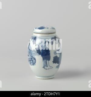 Pot couvert d'ovoïde avec des femmes dans un paysage, anonyme, c. 1680 - c. 1720 couvercle en forme d'oeuf pot de porcelaine, peint en bleu sous-couche. Sur le ventre un paysage avec deux femmes "Go" jouant (lèvres longues). En outre, un deux femmes debout, une avec un Qin. La performance se conclut par un motif de nuage. Sur le couvercle deux garçons dansants (idiots). Marqué sur le dessous avec une feuille d'artémisia. Bleu blanc. Porcelaine de Chine. glaçage. Cobalt (minéral) peinture / vitrification couvercle en forme d'oeuf pot de porcelaine, peint en bleu sous-couche. Sur le ventre un paysage avec deux femmes "Go" jouant (lèvres longues). En plus Banque D'Images