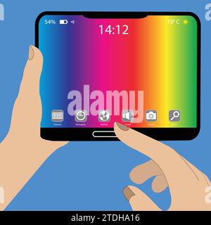 Main tenant une tablette avec un doigt touchant l'écran Illustration de Vecteur