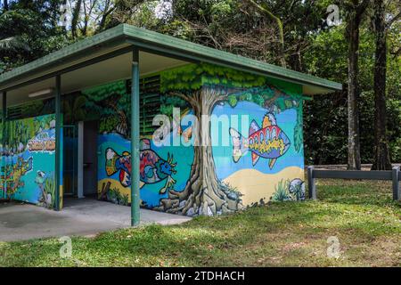 toilettes publiques peintes par des artistes indigènes locaux mettant en vedette la faune du Queensland, Rotary Park, Mossman, Queensland, Australie Banque D'Images