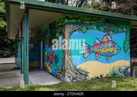 toilettes publiques peintes par des artistes indigènes locaux mettant en vedette la faune du Queensland, Rotary Park, Mossman, Queensland, Australie Banque D'Images